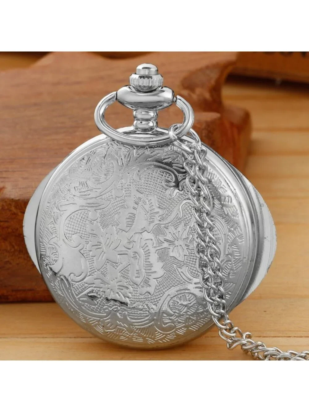 Men's Silver Analog Quartz Green Eyes Shape Pendant Necklace Round Pocket Watch